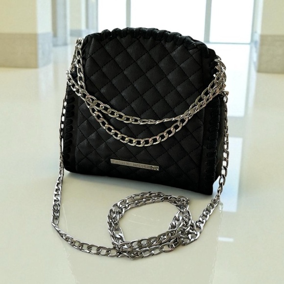 Steve Madden Quilted Black Handbag Small Crossbody Silver Chain Evening Bag - Picture 1 of 14